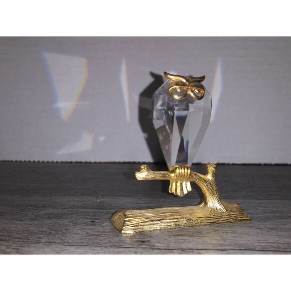 Crystal Owl 2 1/4" Figurine Miniature on Gold Tree Branch Faceted Excellent Bird - Picture 2 of 5
